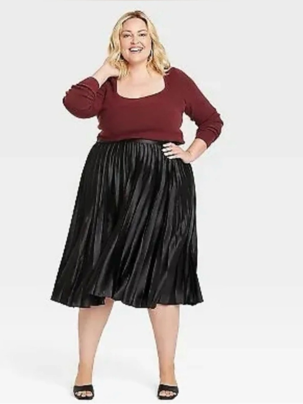 Black Pleated Satin Midi Skirt